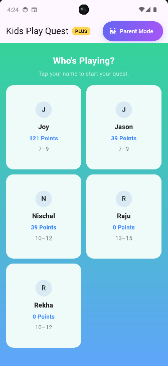 Kids Play Quest kid dashboard screenshot